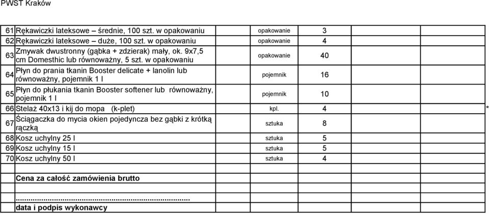 w opakowaniu opakowanie 40 Płyn do prania tkanin Booster delicate + lanolin lub 64 równoważny, pojemnik 1 l pojemnik 16 Płyn do płukania tkanin Booster softener lub