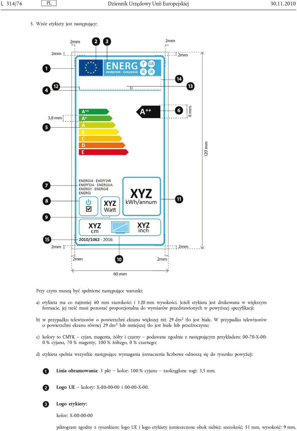 Jeżeli etykieta jest drukowana w większym formacie, jej treść musi pozostać proporcjonalna do wymiarów przedstawionych w powyższej specyfikacji; b) w przypadku telewizorów o powierzchni ekranu