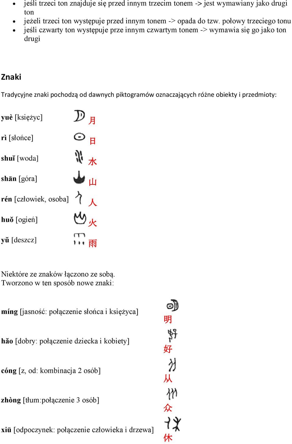 obiekty i przedmioty: yuè [księżyc] rì [słońce] shuĭ [woda] shān [góra] rén [człowiek, osoba] huŏ [ogień] yŭ [deszcz] 月 日 水 山 人 火 雨 Niektóre ze znaków łączono ze sobą.