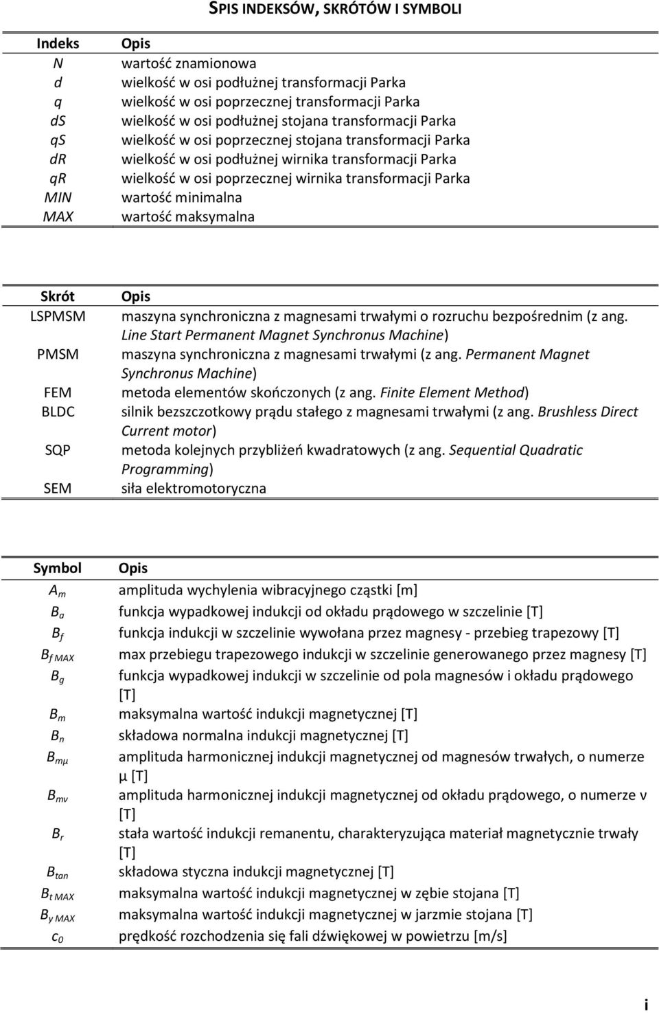 Parka wartość minimalna wartość maksymalna Skrót LSPMSM PMSM FEM BLDC SQP SEM Opis maszyna synchroniczna z magnesami trwałymi o rozruchu bezpośrednim (z ang.