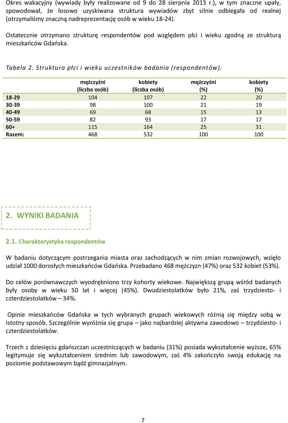 Ostatecznie otrzymano strukturę respondentów pod względem płci i wieku zgodną ze strukturą mieszkańców Gdańska. Tabela 2. Struktura płci i wieku uczestników badania (respondentów).