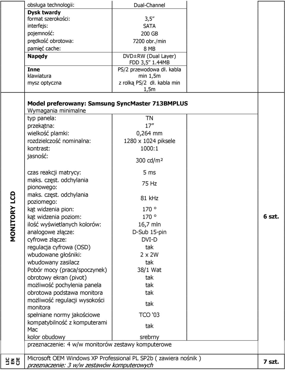 kabla min 1,5m Model preferowany: Samsung SyncMaster 713BMPLUS typ panela: TN przekątna: 17 wielkość plamki: 0,264 mm rozdzielczość nominalna: 1280 x 1024 piksele kontrast: 1000:1 jasność: 300 cd/m²