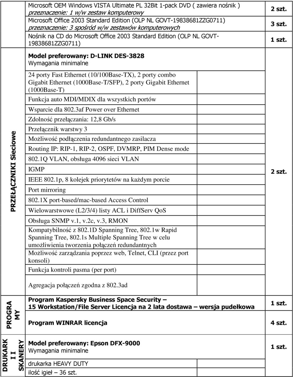 PRZEŁĄCZNIKI Sieciowe PROGRA MY Model preferowany: D-LINK DES-3828 24 porty Fast Ethernet (10/100Base-TX), 2 porty combo Gigabit Ethernet (1000Base-T/SFP), 2 porty Gigabit Ethernet (1000Base-T)