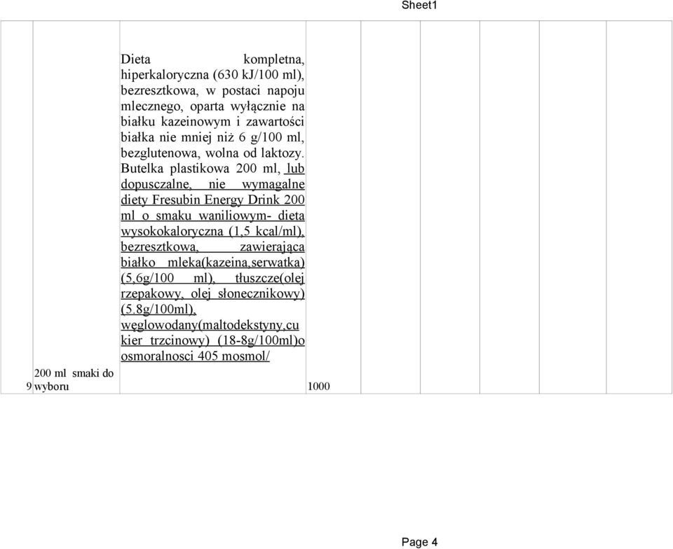 Butelka plastikowa 200 ml, lub dopusczalne, nie wymagalne diety Fresubin Energy Drink 200 ml o smaku waniliowym- dieta wysokokaloryczna (1,5 kcal/ml),