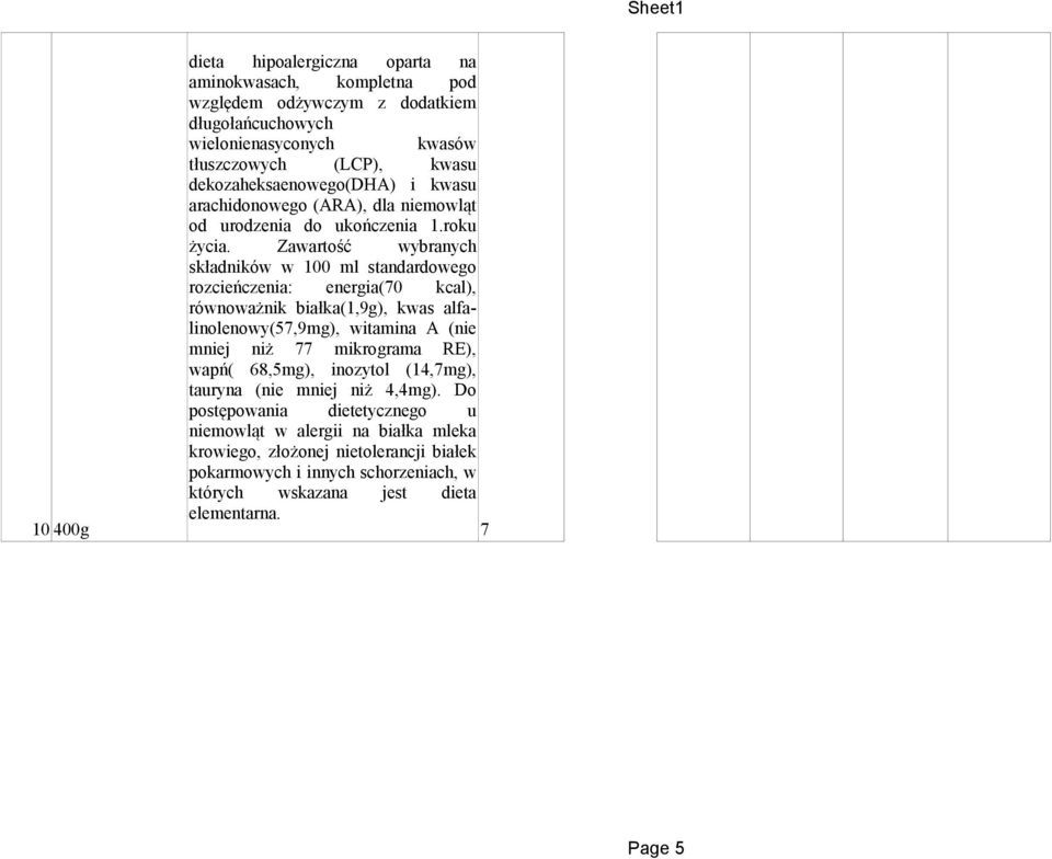 Zawartość wybranych składników w 100 ml standardowego rozcieńczenia: energia(70 kcal), równoważnik białka(1,9g), kwas alfalinolenowy(57,9mg), witamina A (nie mniej niż 77