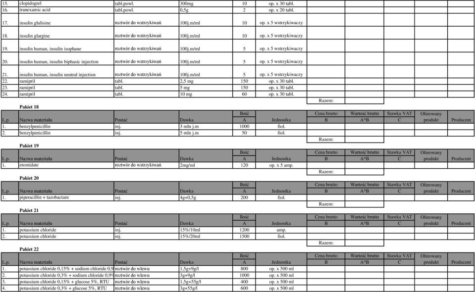 insulin human, insulin biphasic injection roztwór do wstrzykiwań 100j.m/ml 5 op. x 5 wstrzykiwaczy 21. insulin human, insulin neutral injection roztwór do wstrzykiwań 100j.m/ml 5 op. x 5 wstrzykiwaczy 22.