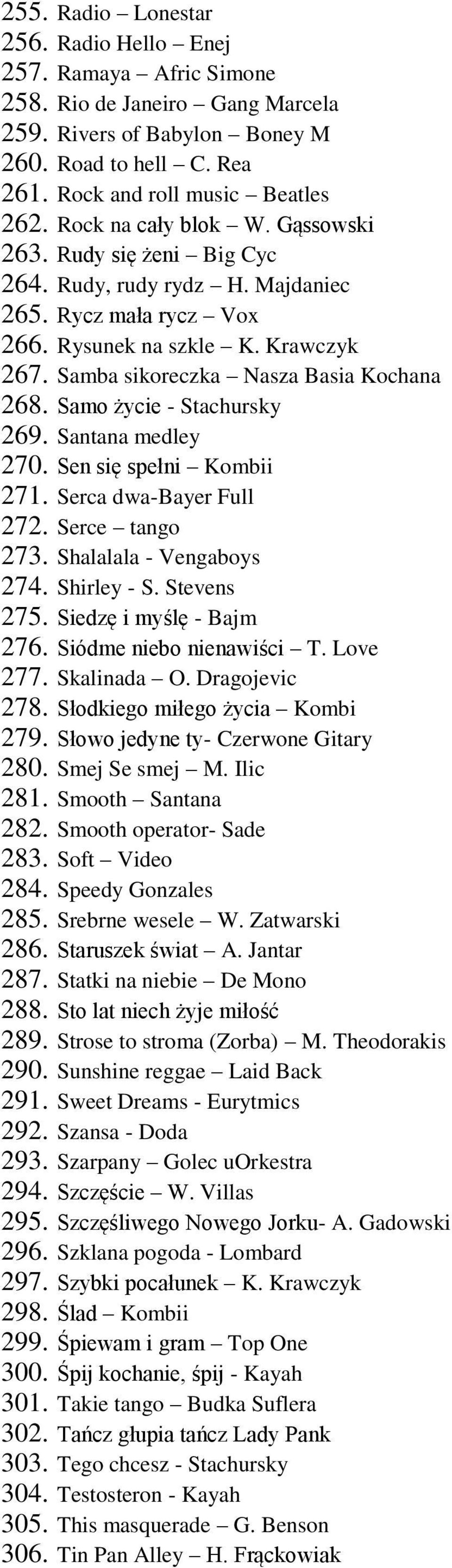 Samo życie - Stachursky 269. Santana medley 270. Sen się spełni Kombii 271. Serca dwa-bayer Full 272. Serce tango 273. Shalalala - Vengaboys 274. Shirley - S. Stevens 275. Siedzę i myślę - Bajm 276.