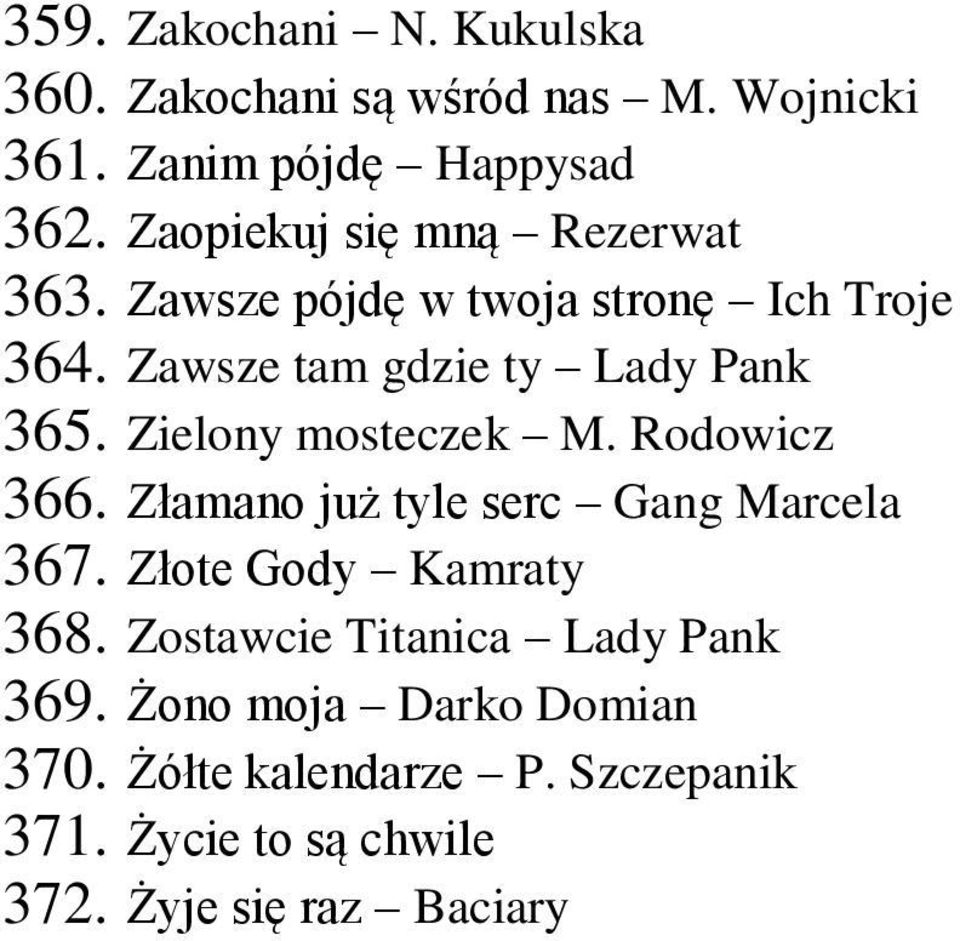 Zielony mosteczek M. Rodowicz 366. Złamano już tyle serc Gang Marcela 367. Złote Gody Kamraty 368.