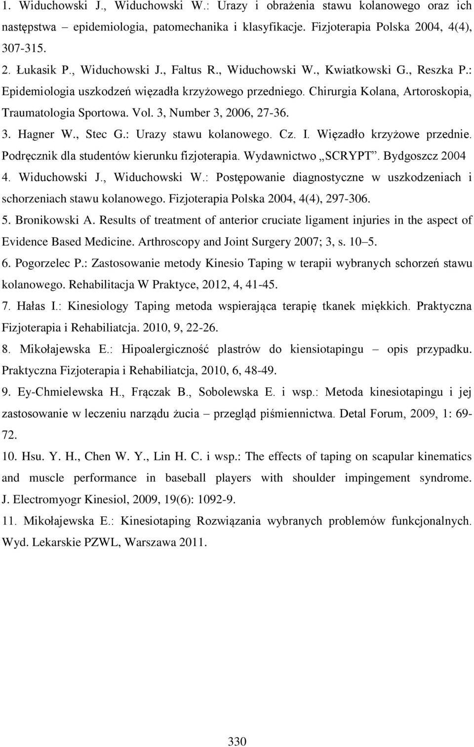 3, Number 3, 2006, 27-36. 3. Hagner W., Stec G.: Urazy stawu kolanowego. Cz. I. Więzadło krzyżowe przednie. Podręcznik dla studentów kierunku fizjoterapia. Wydawnictwo SCRYPT. Bydgoszcz 2004 4.