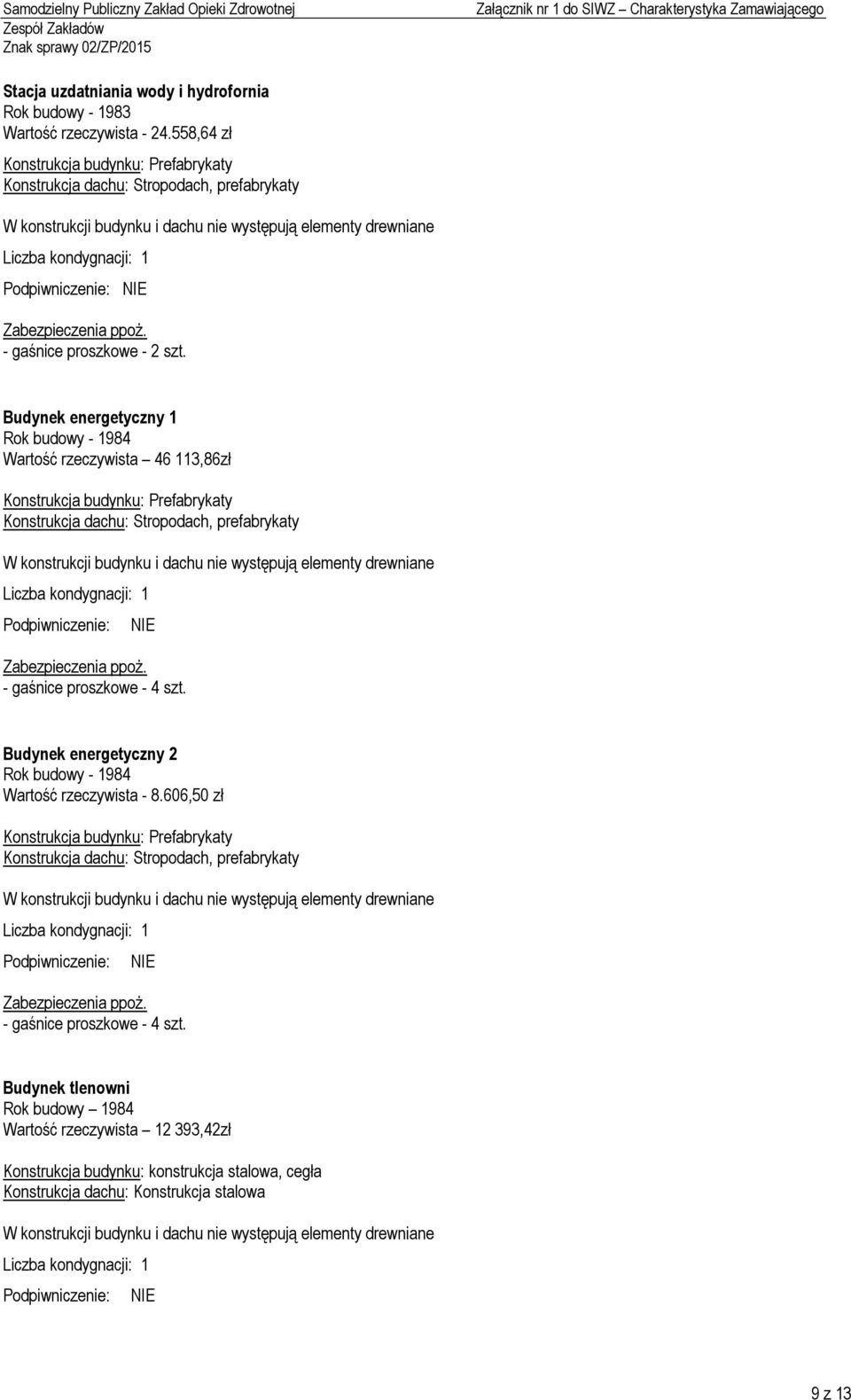 Budynek energetyczny 1 Wartość rzeczywista 46 113,86zł Konstrukcja budynku: Prefabrykaty Konstrukcja dachu: Stropodach, prefabrykaty - gaśnice proszkowe - 4 szt.