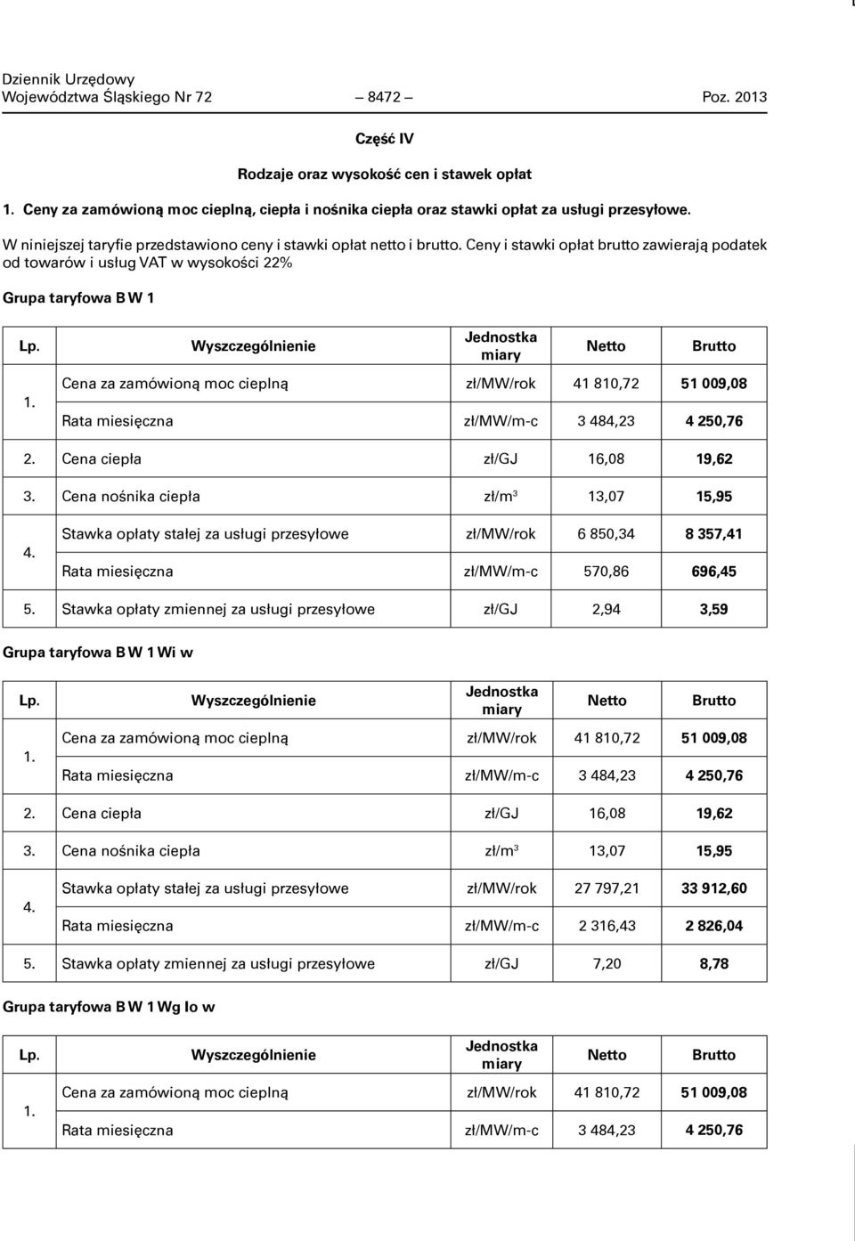 Wyszczególnienie Jednostka miary Netto Brutto 1. Cena za zamówioną moc cieplną zł/mw/rok 41 810,72 51 009,08 Rata miesięczna zł/mw/m-c 3 484,23 4 250,76 2. Cena ciepła zł/gj 16,08 19,62 3.