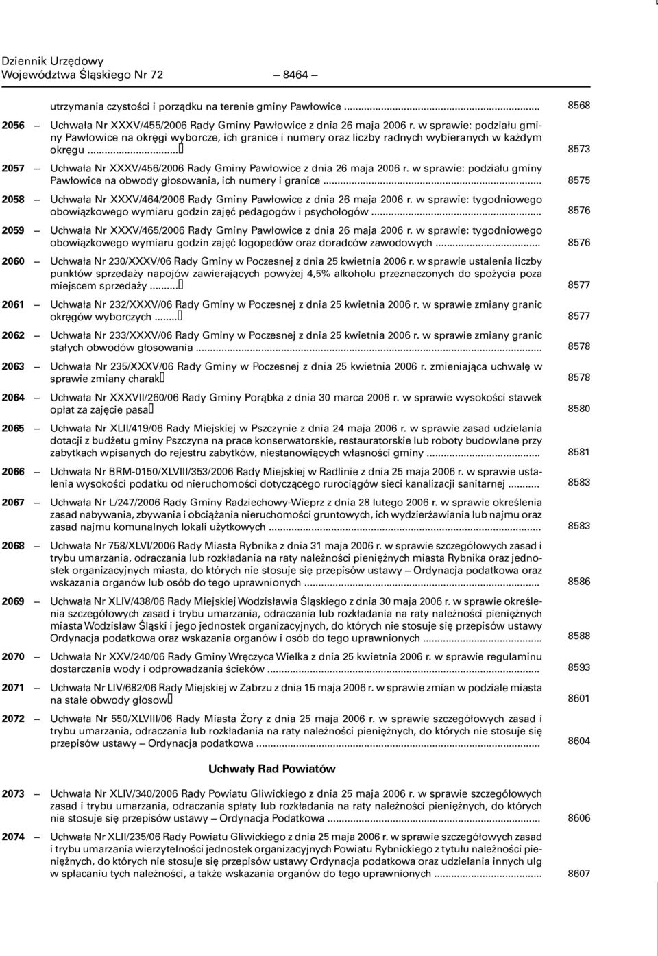 w sprawie: podziału gminy Pawłowice na obwody głosowania, ich numery i granice... 2058 Uchwała Nr XXXV/464/2006 Rady Gminy Pawłowice z dnia 26 maja 2006 r.