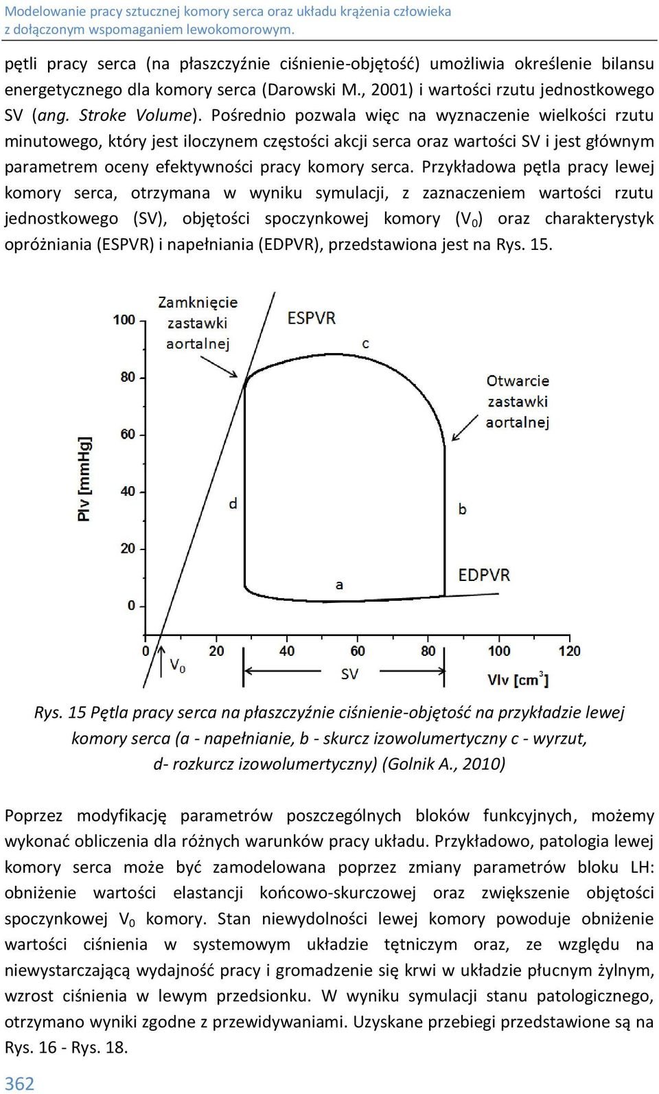 Przykładowa pętla pracy lewej komory serca, otrzymana w wyniku symulacji, z zaznaczeniem wartości rzutu jednostkowego (SV), objętości spoczynkowej komory (V 0 ) oraz charakterystyk opróżniania