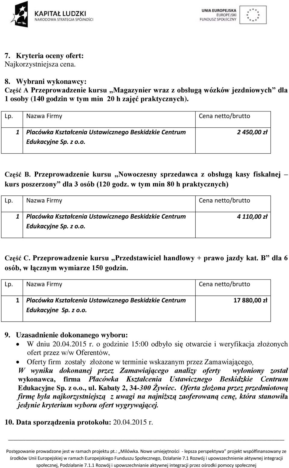 1 Placówka Kształcenia Ustawicznego Beskidzkie Centrum 2 450,00 zł Część B. Przeprowadzenie kursu Nowoczesny sprzedawca z obsługą kasy fiskalnej kurs poszerzony dla 3 osób (120 godz.