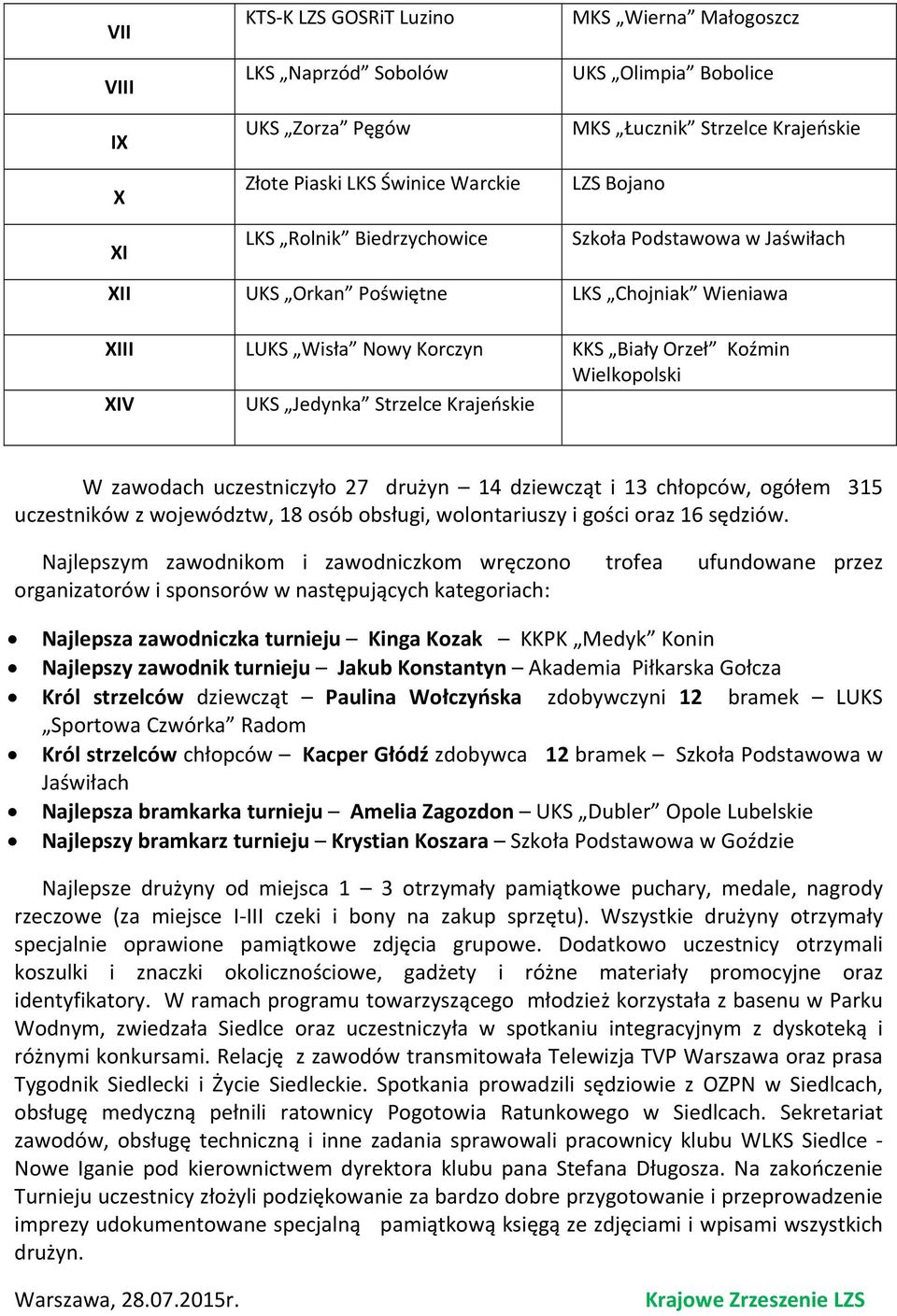 W zawodach uczestniczyło 27 drużyn 14 dziewcząt i 13 chłopców, ogółem 315 uczestników z województw, 18 osób obsługi, wolontariuszy i gości oraz 16 sędziów.