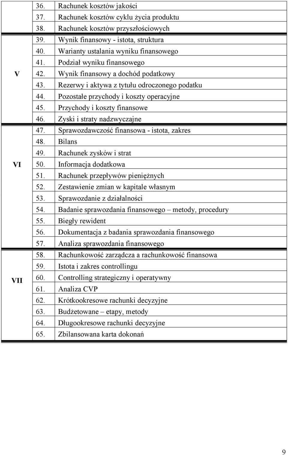 Pozostałe przychody i koszty operacyjne 45. Przychody i koszty finansowe 46. Zyski i straty nadzwyczajne 47. Sprawozdawczość finansowa - istota, zakres 48. Bilans 49. Rachunek zysków i strat 50.