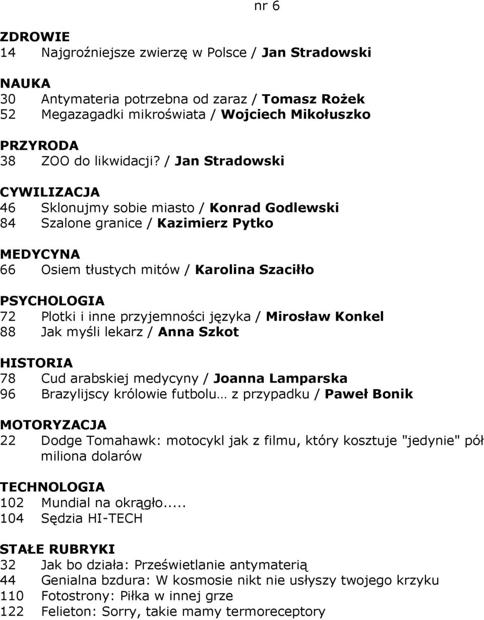 88 Jak myśli lekarz / Anna Szkot 78 Cud arabskiej medycyny / Joanna Lamparska 96 Brazylijscy królowie futbolu z przypadku / Paweł Bonik MOTORYZACJA 22 Dodge Tomahawk: motocykl jak z filmu, który