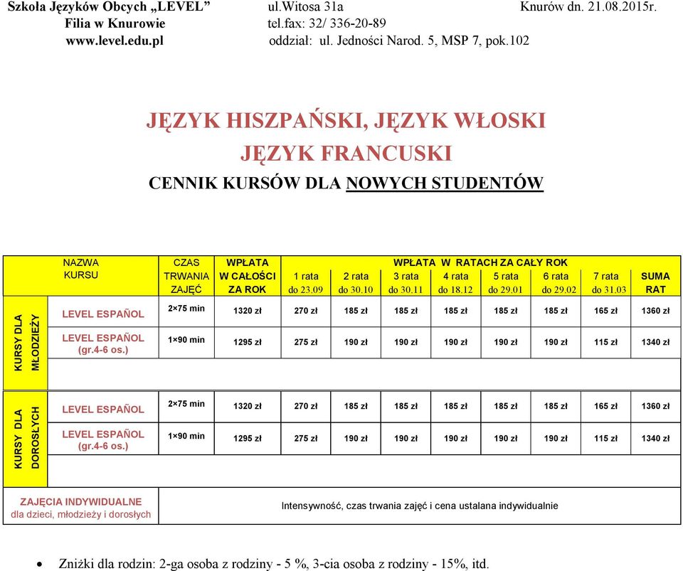 1320 zł 270 zł 185 zł 185 zł 185 zł 185 zł 185 zł 165 zł 1360 zł ZAJĘCIA INDYWIDUALNE dla