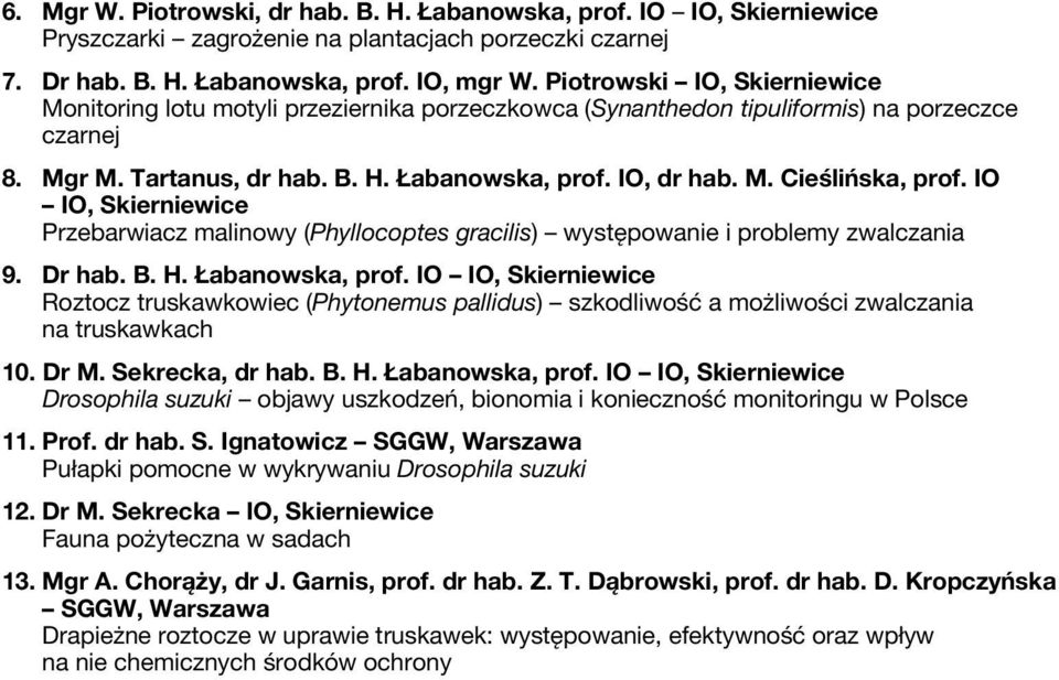 IO IO, Skierniewice Przebarwiacz malinowy (Phyllocoptes gracilis) występowanie i problemy zwalczania 9. Dr hab. B. H. Łabanowska, prof.