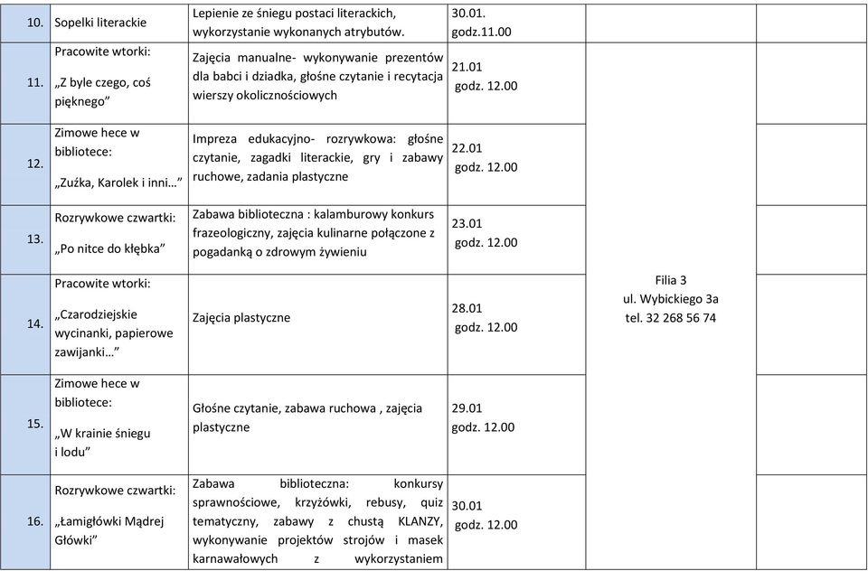 Zimowe hece w bibliotece: Zuźka, Karolek i inni Impreza edukacyjno- rozrywkowa: głośne czytanie, zagadki literackie, gry i zabawy ruchowe, zadania plastyczne 22.01 13.