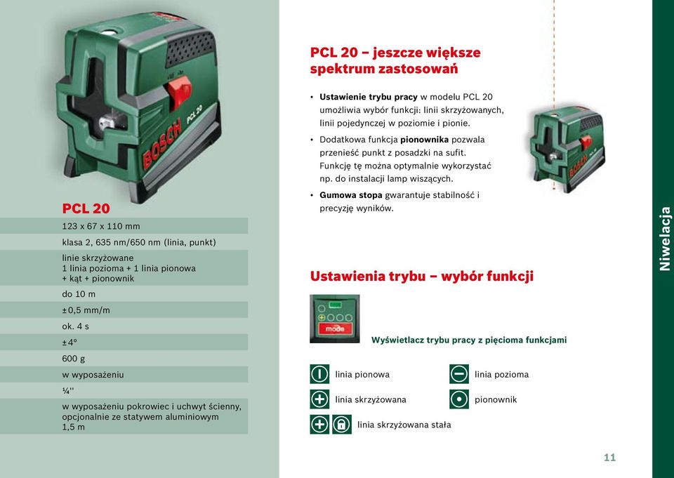 w poziomie i pionie. Dodatkowa funkcja pionownika pozwala przenieść punkt z posadzki na sufit. Funkcję tę można optymalnie wykorzystać np. do instalacji lamp wiszących.