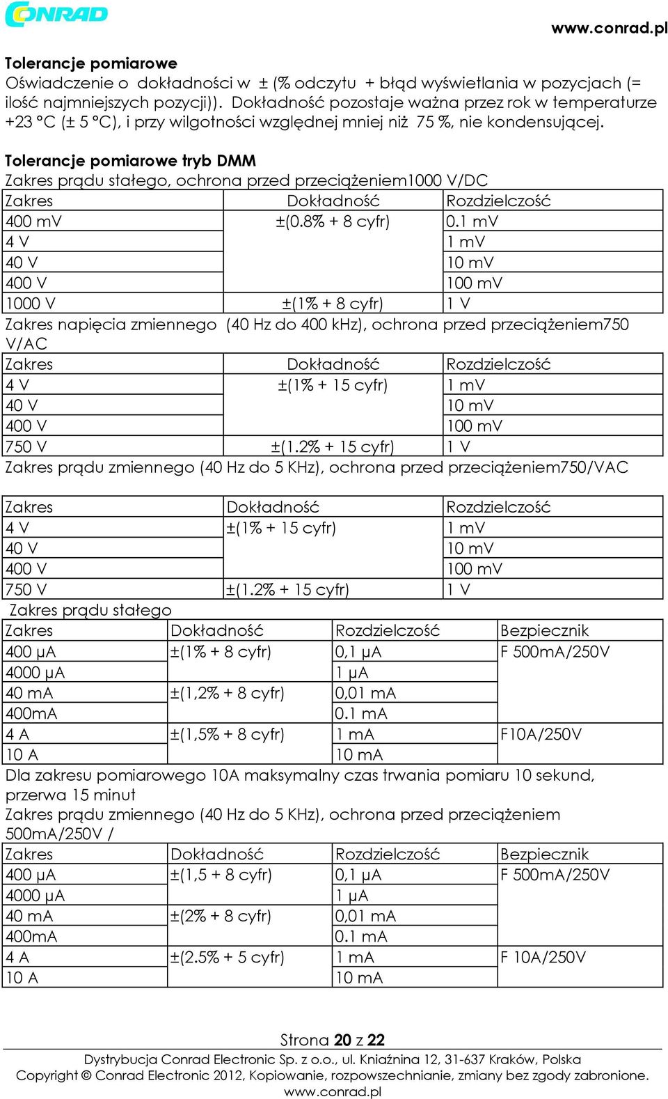 Tolerancje pomiarowe tryb DMM Zakres prądu stałego, ochrona przed przeciążeniem1000 V/DC Zakres Dokładność Rozdzielczość 400 mv ±(0.8% + 8 cyfr) 0.