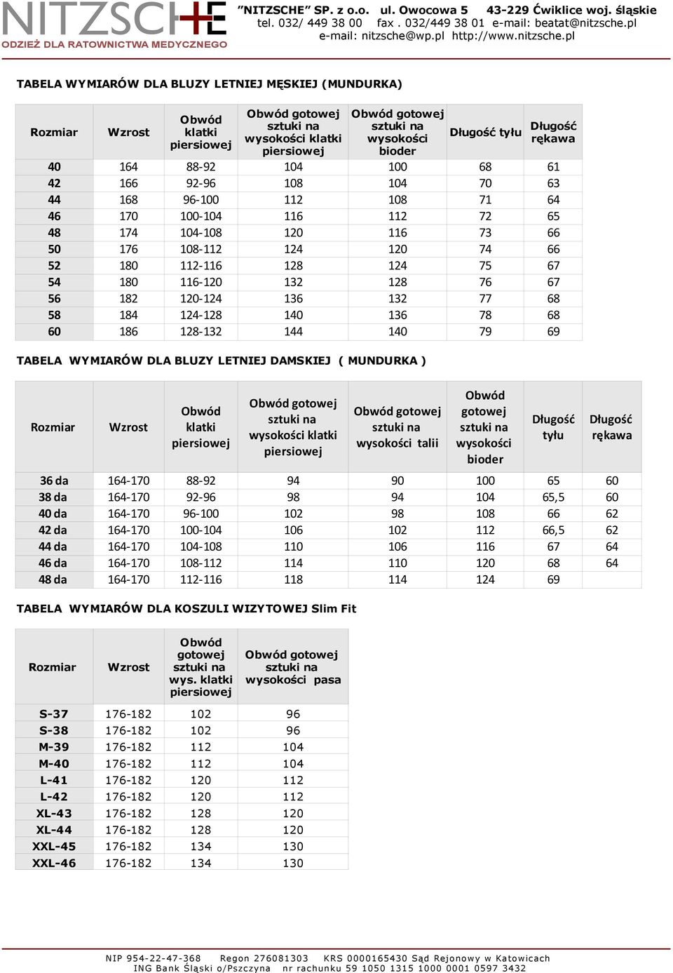 TABELA WYMIARÓW DLA BLUZY LETNIEJ DAMSKIEJ ( MUNDURKA ) Wzrost wysokości 36 da 164-170 88-92 94 90 100 65 60 38 da 164-170 92-96 98 94 104 65,5 60 40 da 164-170 96-100 102 98 108 66 62 42 da 164-170