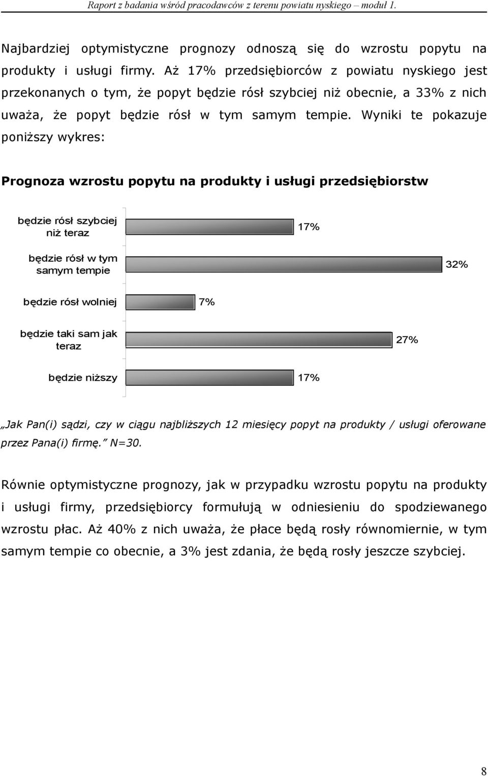 Wyniki te pokazuje poniższy wykres: Prognoza wzrostu popytu na produkty i usługi przedsiębiorstw będzie rósł szybciej niż teraz 17% będzie rósł w tym samym tempie 32% będzie rósł wolniej 7% będzie