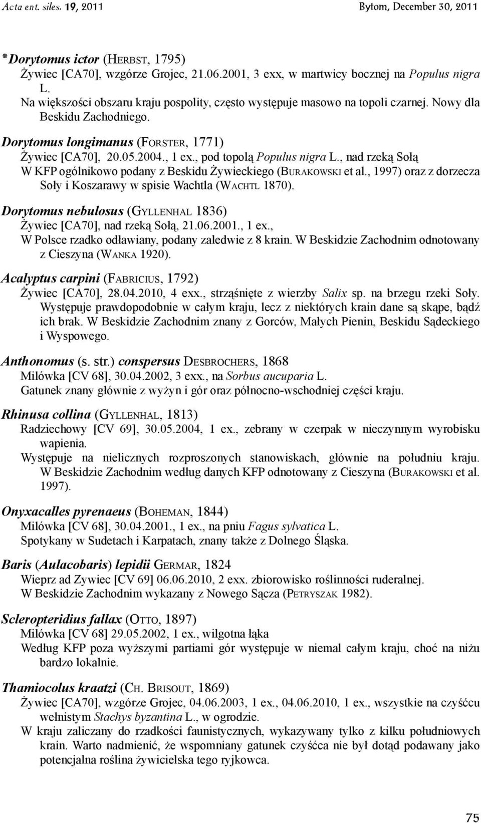 , pod topolą Populus nigra L., nad rzeką Sołą W KFP ogólnikowo podany z Beskidu Żywieckiego (Bu r a k o w s k i et al., 1997) oraz z dorzecza Soły i Koszarawy w spisie Wachtla (Wa c h t l 1870).