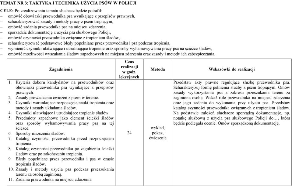 tropieniem śladów, - scharakteryzować podstawowe błędy popełniane przez przewodnika i psa podczas tropienia, - wymienić czynniki ułatwiające i utrudniające tropienie oraz sposoby wyhamowywania pracy