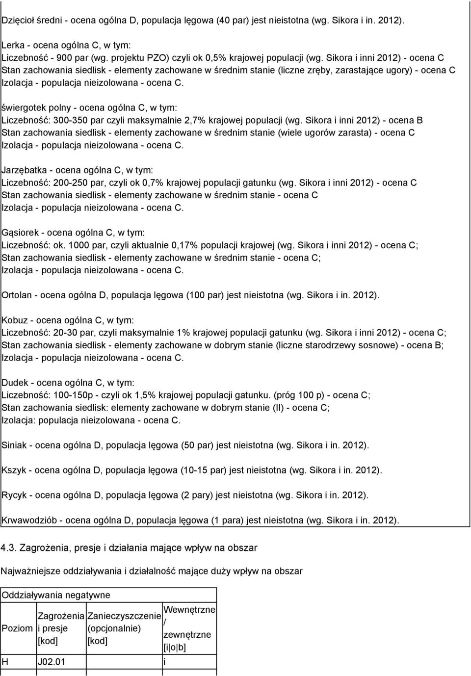 Sikora i inni 2012) - ocena C Stan zachowania siedlisk - elementy zachowane w średnim stanie (liczne zręby, zarastające ugory) - ocena C świergotek polny - ocena ogólna C, w tym: Liczebność: 300-350