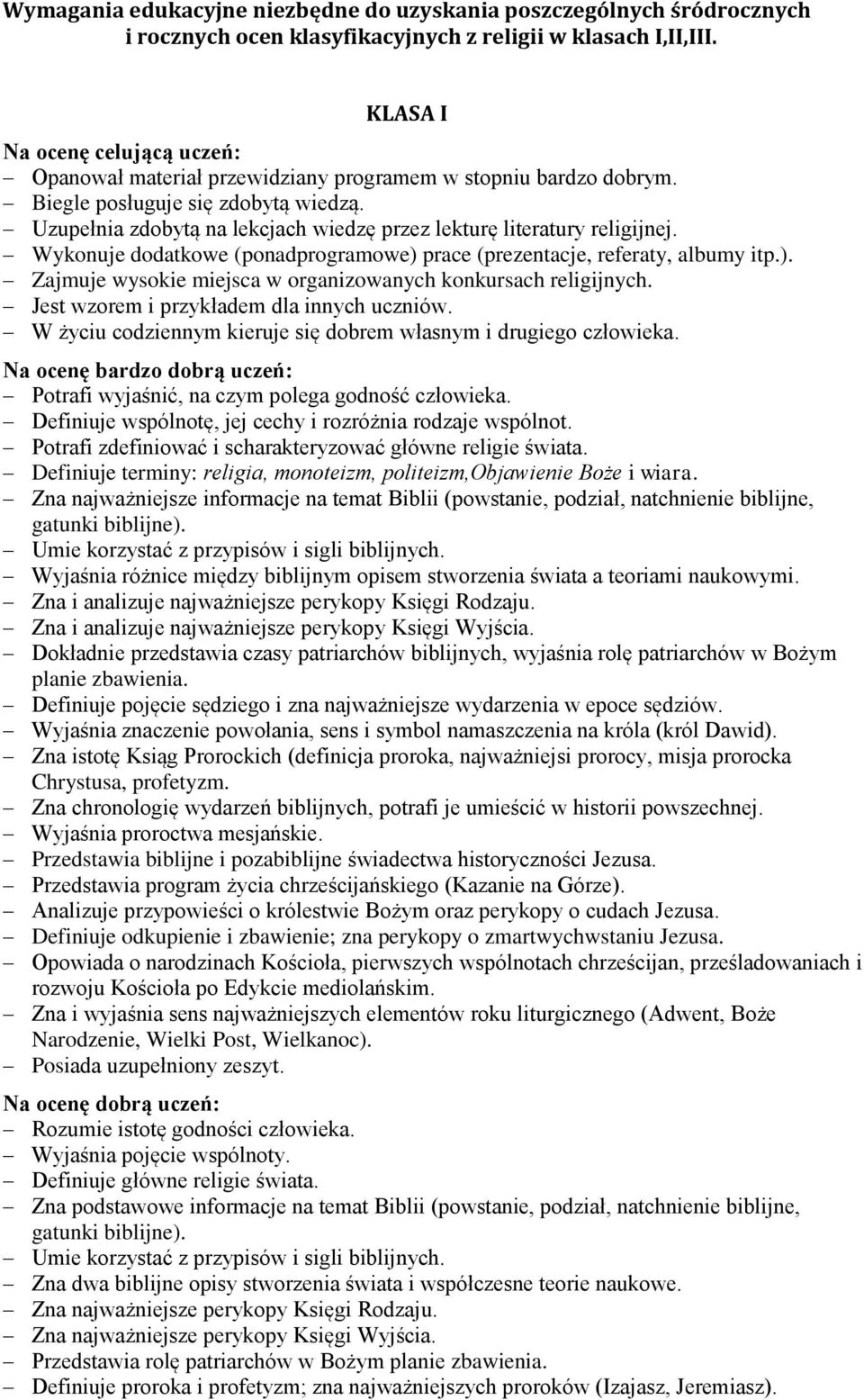 Uzupełnia zdobytą na lekcjach wiedzę przez lekturę literatury religijnej. Wykonuje dodatkowe (ponadprogramowe) prace (prezentacje, referaty, albumy itp.). Zajmuje wysokie miejsca w organizowanych konkursach religijnych.