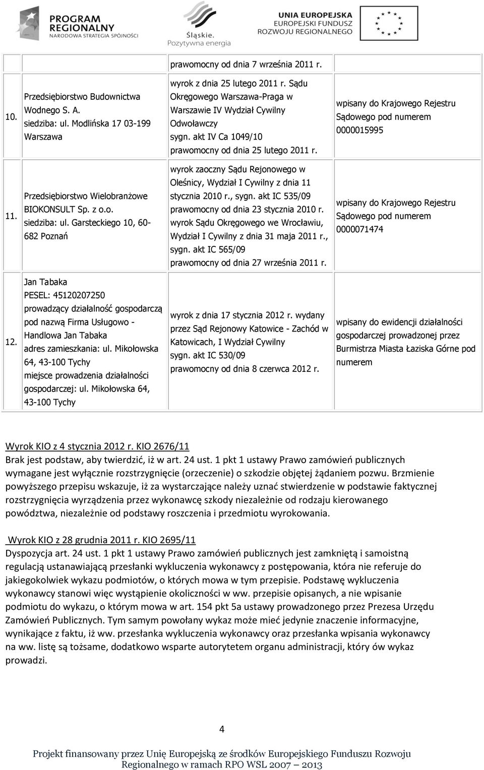 wpisany do Krajowego Rejestru Sądowego pod numerem 0000015995 wyrok zaoczny Sądu Rejonowego w Oleśnicy, Wydział I Cywilny z dnia 11 11. Przedsiębiorstwo Wielobranżowe BIOKONSULT Sp. z o.o. siedziba: ul.