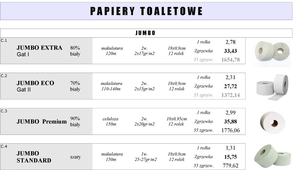 3 90% JUMBO Premium celuloza 150m 2x20gr/m2 18x0,95cm 12 rolek C.4 JUMBO STANDARD szary 150m 1w.