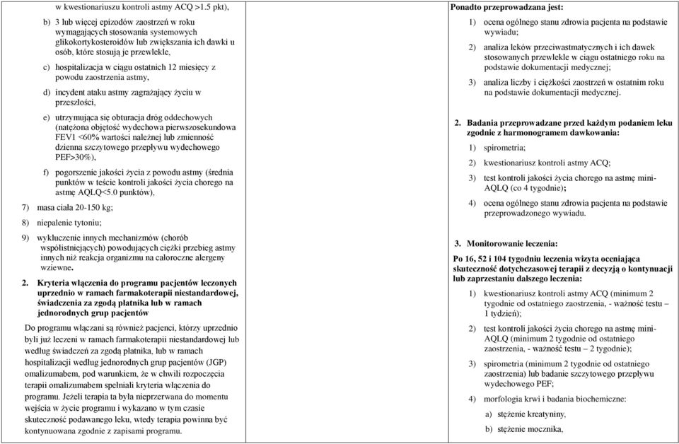 ostatnich 12 miesięcy z powodu zaostrzenia astmy, d) incydent ataku astmy zagrażający życiu w przeszłości, e) utrzymująca się obturacja dróg oddechowych (natężona objętość wydechowa pierwszosekundowa