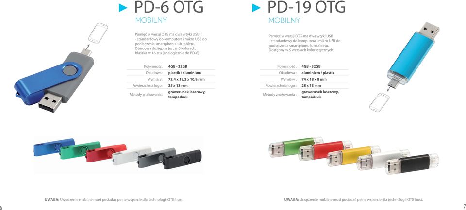 Pamięć w wersji OTG ma dwa wtyki USB - standardowy do komputera i mikro USB do podłączenia smartphonu lub tabletu. Dostępny w 5 wersjach kolorystycznych.
