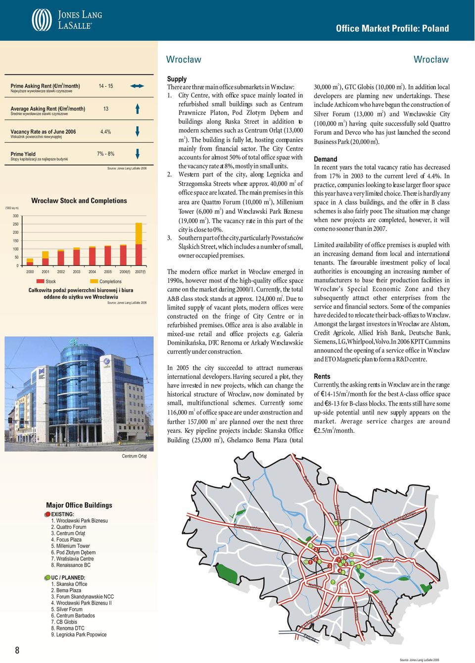 % 7% - 8% Wroc³aw Stock and Completions Source: Jones Lang LaSalle 6 (' sq m) 3 5 15 1 5 1 3 5 6(f) 7(f) Stock Completions Ca³kowita poda powierzchni biurowej i biura oddane do u ytku we Wroc³awiu