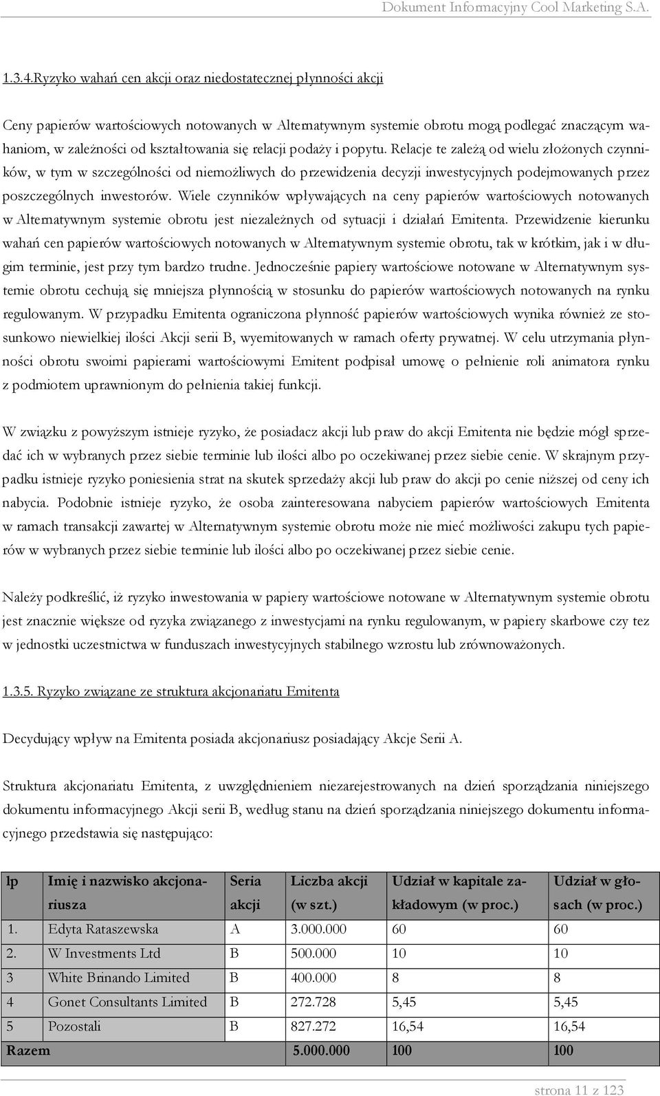 relacji podaży i popytu. Relacje te zależą od wielu złożonych czynników, w tym w szczególności od niemożliwych do przewidzenia decyzji inwestycyjnych podejmowanych przez poszczególnych inwestorów.