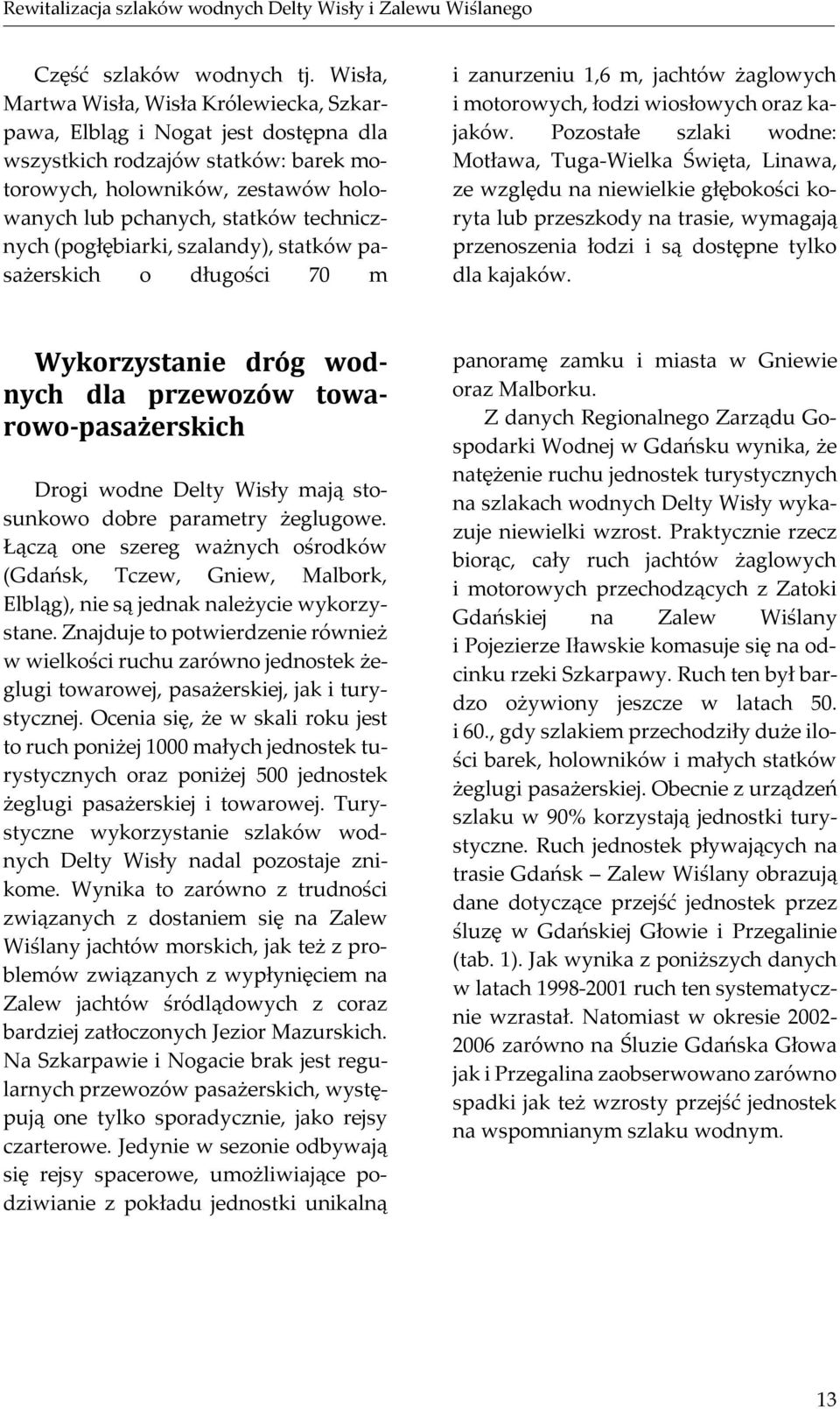(pogłębiarki, szalandy), statków pasażerskich o długości 70 m i zanurzeniu 1,6 m, jachtów żaglowych i motorowych, łodzi wiosłowych oraz kajaków.