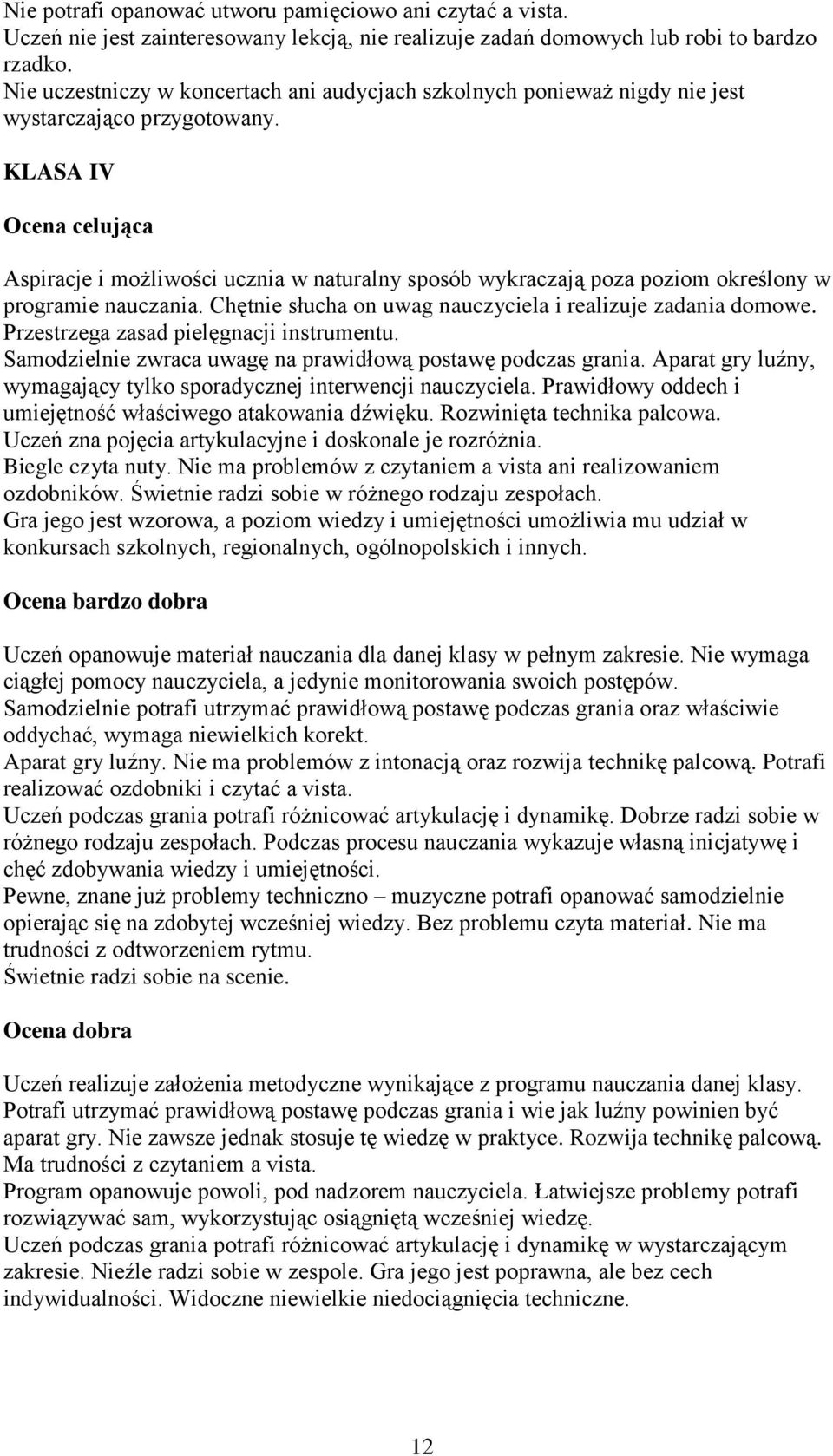 KLASA IV Aspiracje i możliwości ucznia w naturalny sposób wykraczają poza poziom określony w programie nauczania. Chętnie słucha on uwag nauczyciela i realizuje zadania domowe.