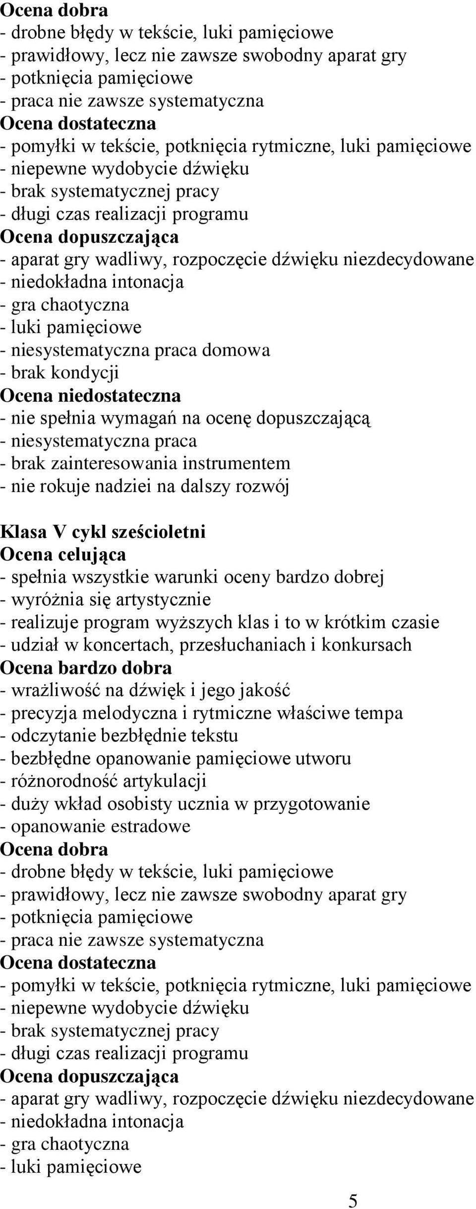 - luki pamięciowe - niesystematyczna praca domowa - brak kondycji - nie spełnia wymagań na ocenę dopuszczającą - niesystematyczna praca - brak zainteresowania instrumentem - nie rokuje nadziei na