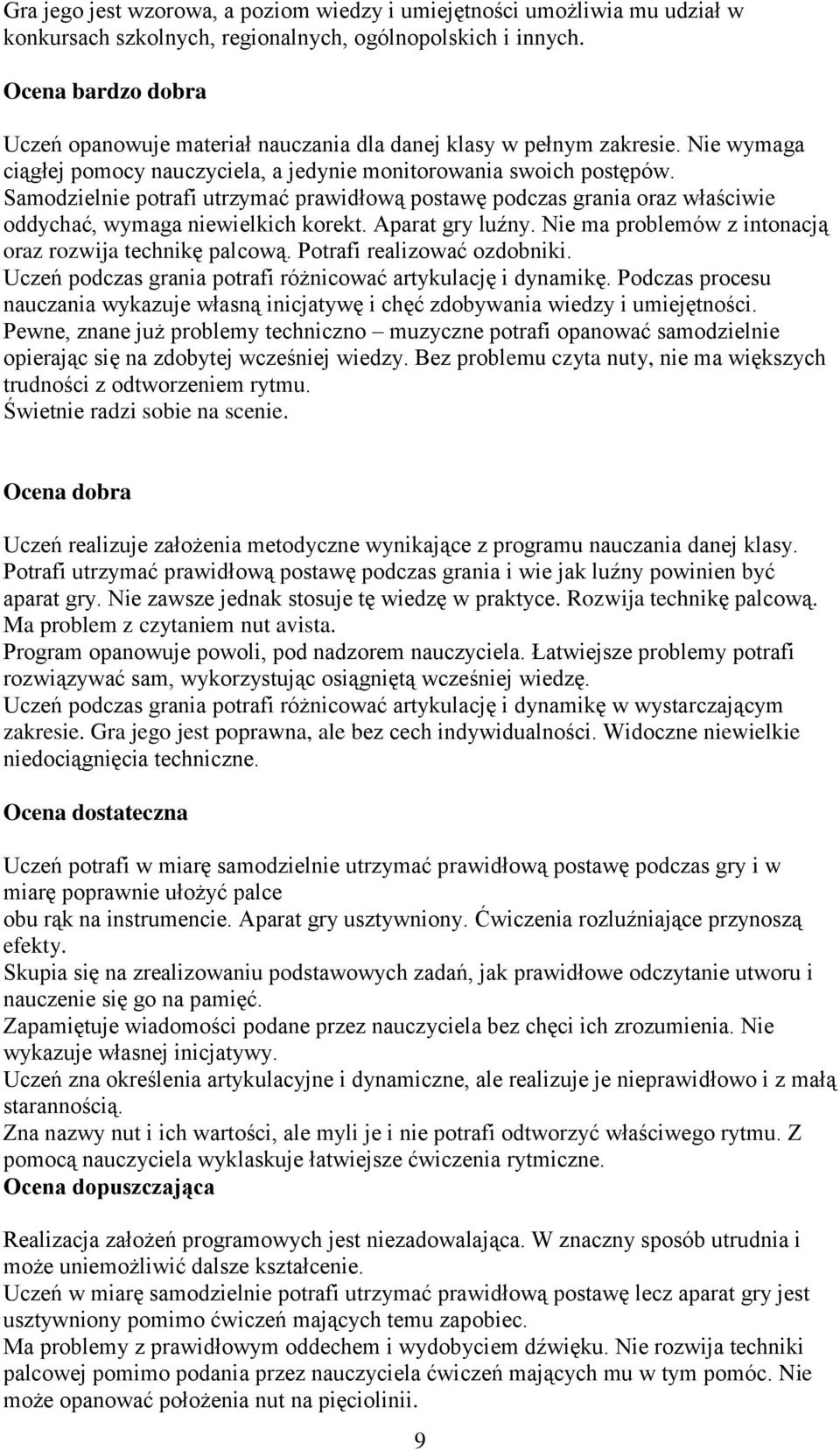 Samodzielnie potrafi utrzymać prawidłową postawę podczas grania oraz właściwie oddychać, wymaga niewielkich korekt. Aparat gry luźny. Nie ma problemów z intonacją oraz rozwija technikę palcową.