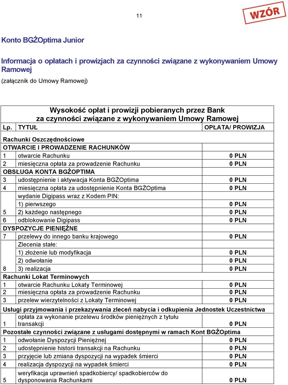 TYTUŁ OPŁATA/ PROWIZJA Rachunki Oszczędnościowe OTWARCIE I PROWADZENIE RACHUNKÓW 1 otwarcie Rachunku 0 PLN 2 miesięczna opłata za prowadzenie Rachunku 0 PLN OBSŁUGA KONTA BGŻOPTIMA 3 udostępnienie i