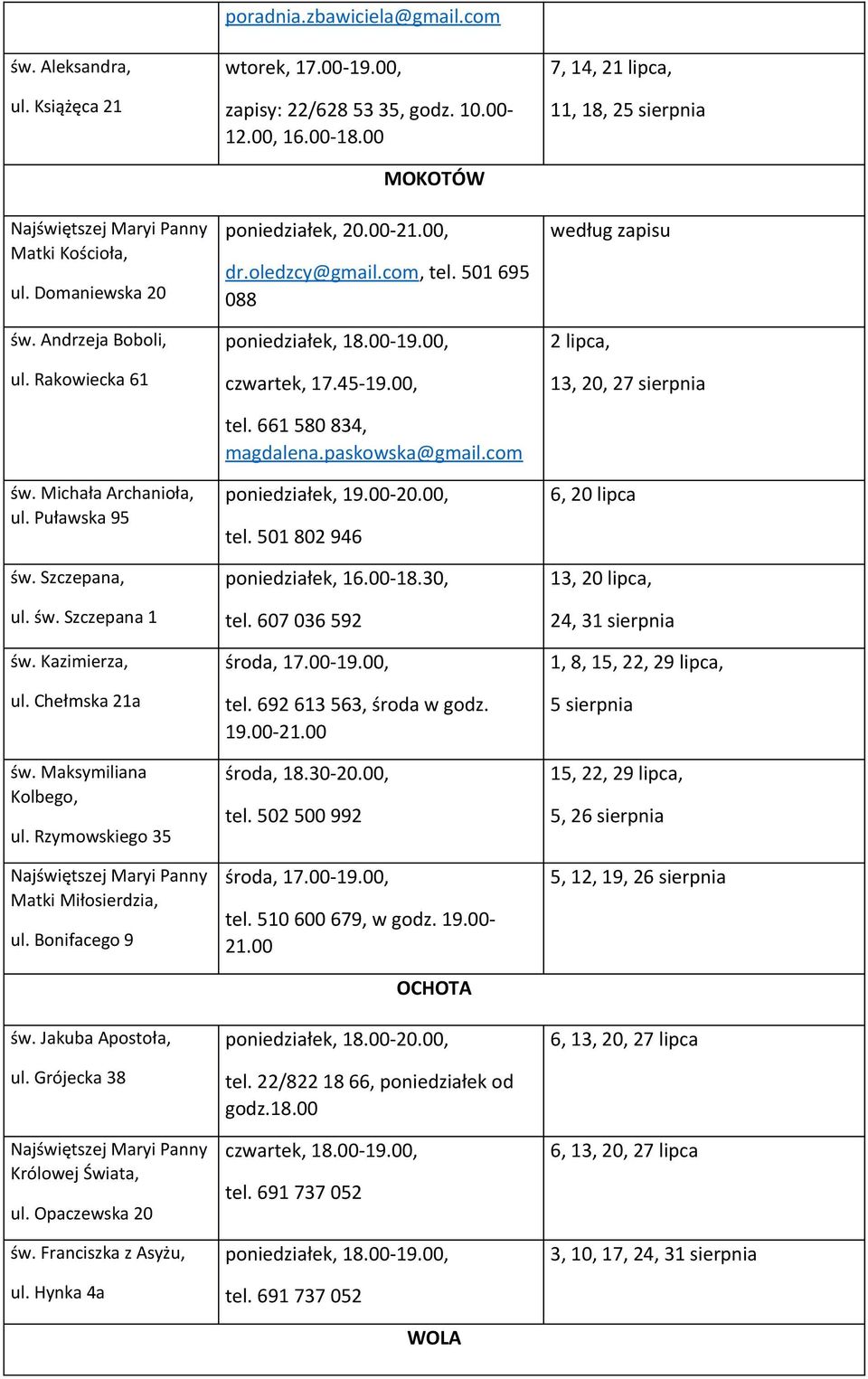 Grójecka 38 Najświętszej Maryi Panny Królowej Świata, ul. Opaczewska 20 św. Franciszka z Asyżu, ul. Hynka 4a poradnia.zbawiciela@gmail.com wtorek, 17.00-19.00, zapisy: 22/628 53 35, godz. 10.00-12.