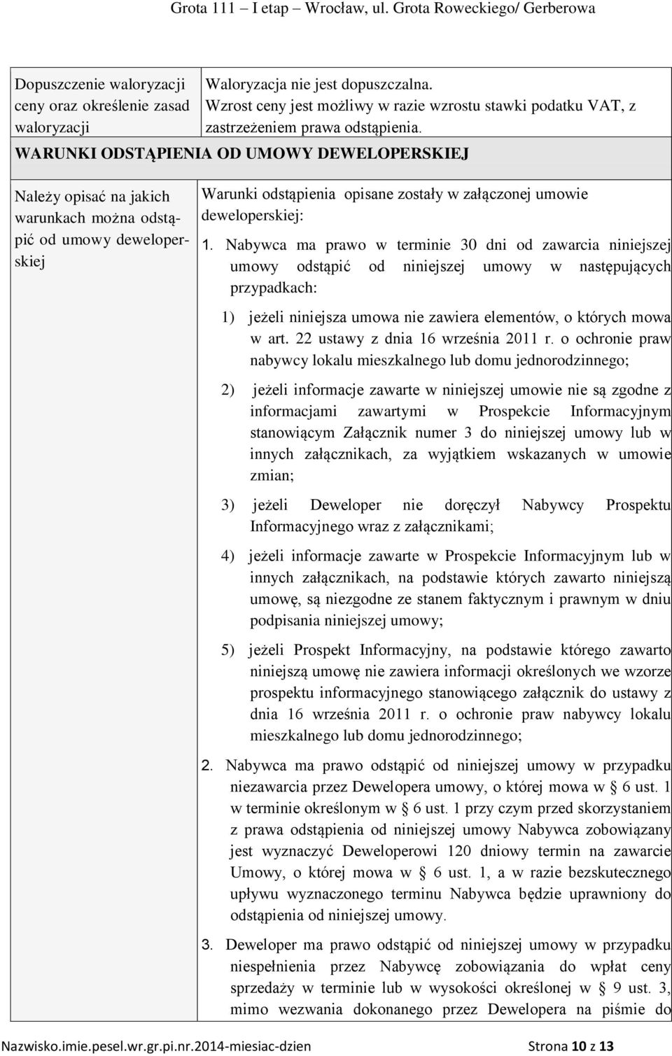 Nabywca ma prawo w terminie 30 dni od zawarcia niniejszej umowy odstąpić od niniejszej umowy w następujących przypadkach: 1) jeżeli niniejsza umowa nie zawiera elementów, o których mowa w art.