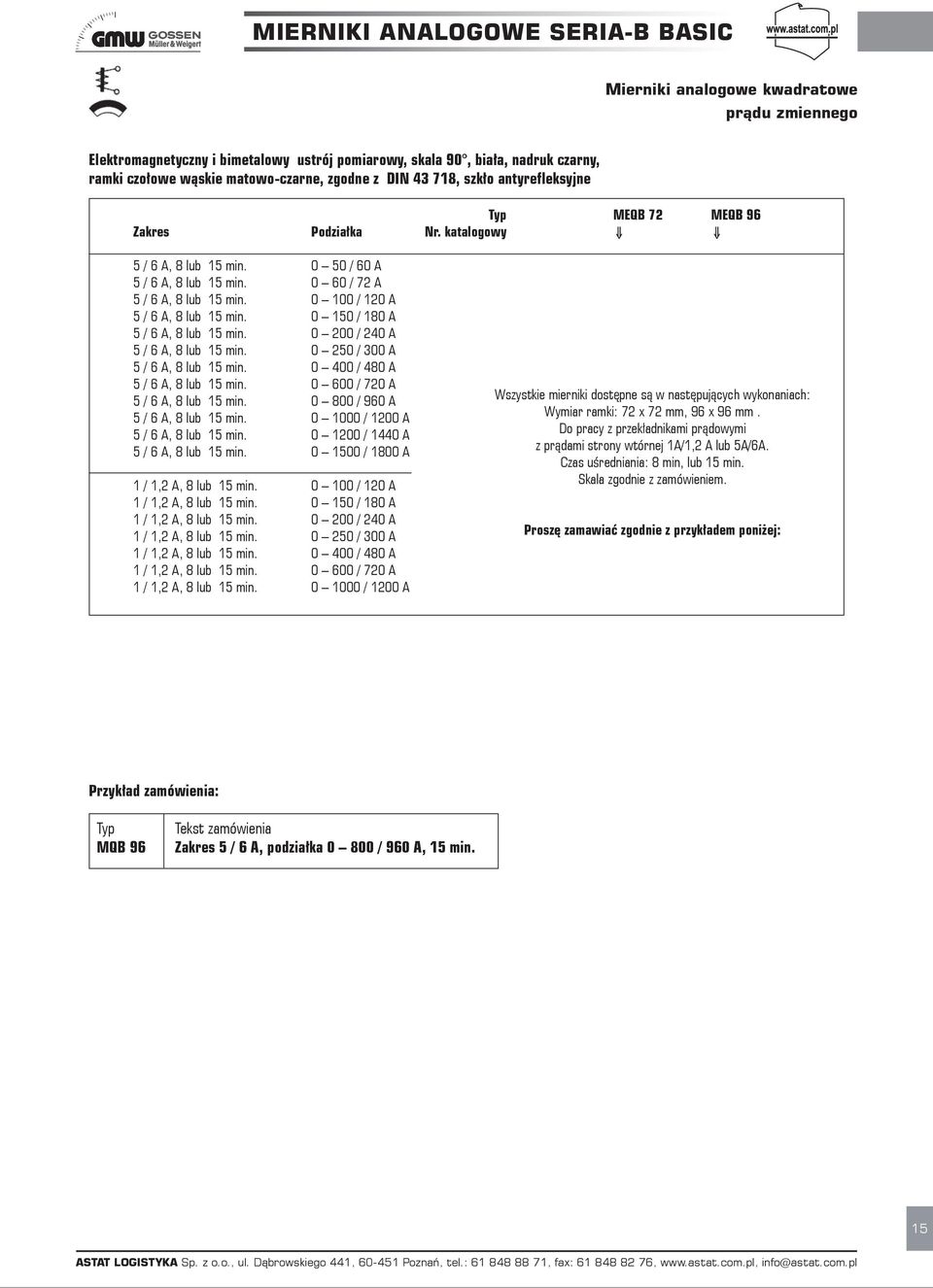 0 150 / 180 A 5 / 6 A, 8 lub 15 min. 0 200 / 240 A 5 / 6 A, 8 lub 15 min. 0 250 / 300 A 5 / 6 A, 8 lub 15 min. 0 400 / 480 A 5 / 6 A, 8 lub 15 min. 0 600 / 720 A 5 / 6 A, 8 lub 15 min.