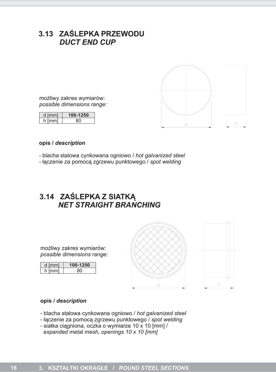 14 ZAŒLEPKA Z SIATK NET STRAIGHT BRANCHING mo liwy zakres wymiarów: possible dimensions range: d 100-1250 h 80 - blacha stalowa cynkowana