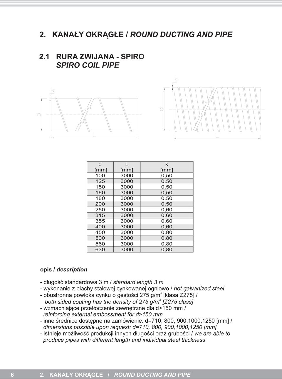 500 3000 0,80 560 3000 0,80 630 3000 0,80 - d³ugoœæ standardowa 3 m / standard length 3 m - wykonanie z blachy stalowej cynkowanej ogniowo / hot galvanized steel 3 - obustronna pow³oka cynku o