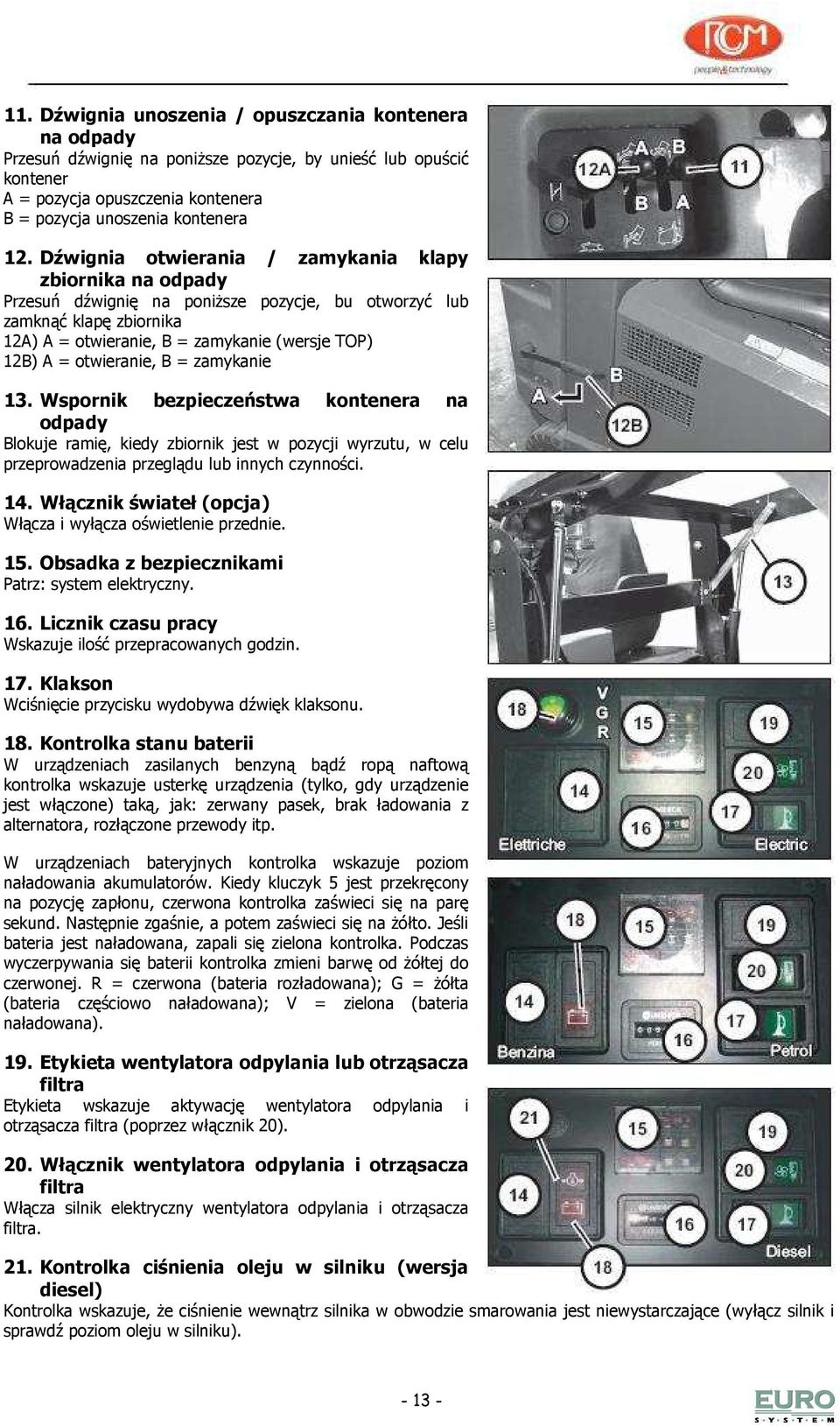 otwieranie, B = zamykanie 13. Wspornik bezpieczeństwa kontenera na odpady Blokuje ramię, kiedy zbiornik jest w pozycji wyrzutu, w celu przeprowadzenia przeglądu lub innych czynności. 14.