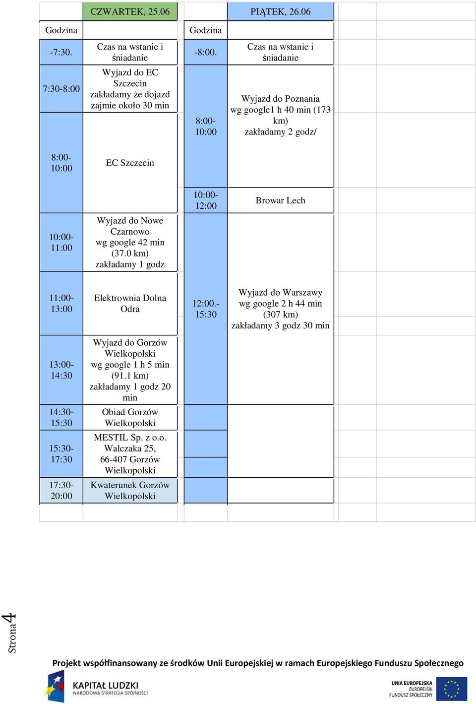 Szczecin 10:00-12:00 Browar Lech 10:00-11:00 Wyjazd do Nowe Czarnowo wg google 42 min (37.0 km) zakładamy 1 godz 11:00-13:00 Elektrownia Dolna Odra 12:00.